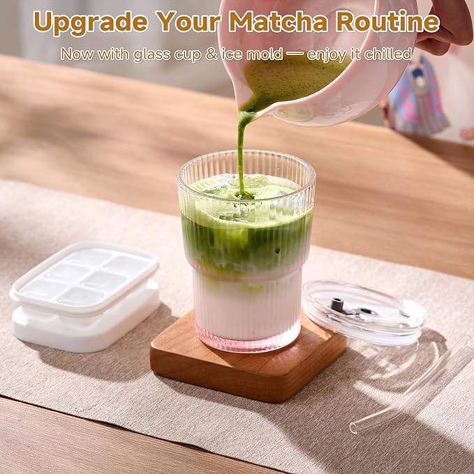 Matcha Whisk Set – Crystalline Glaze Bowl, Bamboo Whisk & Holder, Scoop & Sifter with Holder, Cup with Lid & Straw, Ice Cube Tray & Tea Towel – Pink Matcha Gift Set for Women, Women Gifts
