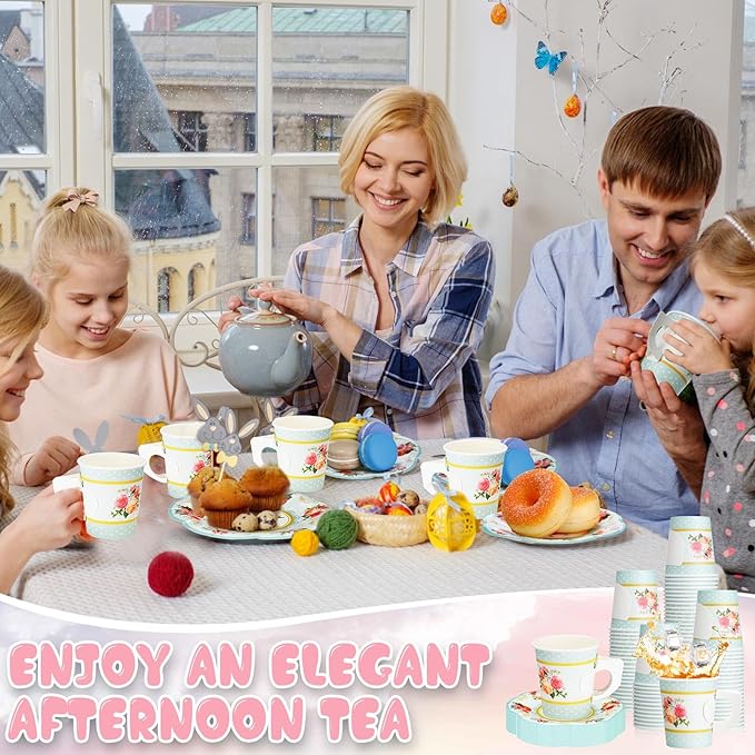 100 Pcs Tea Party Decorations Includes 50 7 oz Paper Tea Cups with Handle 50 Vintage Floral Plates Disposable Tea Cups and Saucers for Wedding Spring Party Birthday Hot Cold Drinks(Blue)