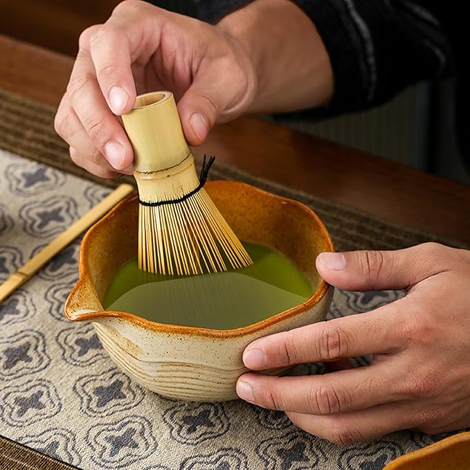 Matcha Bowl Set with Bamboo Whisk, Sifter & Scoop - Complete Ceramic Japanese Tea Ceremony Kit for Traditional Matcha Preparation (cream and tan gradient with textured finish)