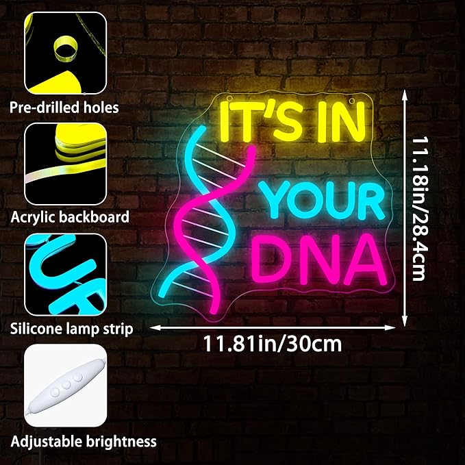 DNA Double Helix Neon Sign for Wall Decor Dimmable It's In Your DNA LED Neon Light for Classroom Office Man Cave Biology Science Decor Gifts for Teacher Students Nurse Doctor Size 11.8*11.2in(GLNP236)
