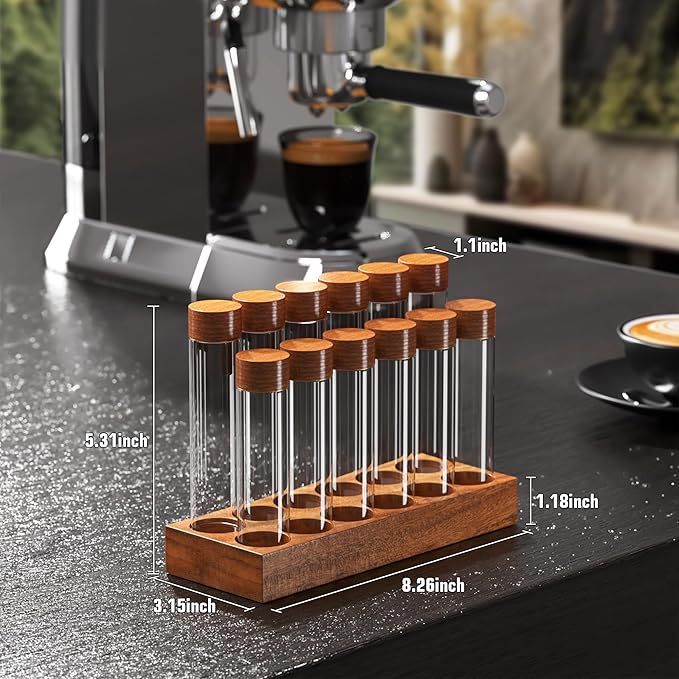 Coffee Bean Cellars with Stand & Hopper, Single Dose Coffee Bean Storage, 12 Pcs Espresso Bean Container with Wooden Holder, Dosing Glass Vials with Lids and Funnel for Coffee, Spices, Tea