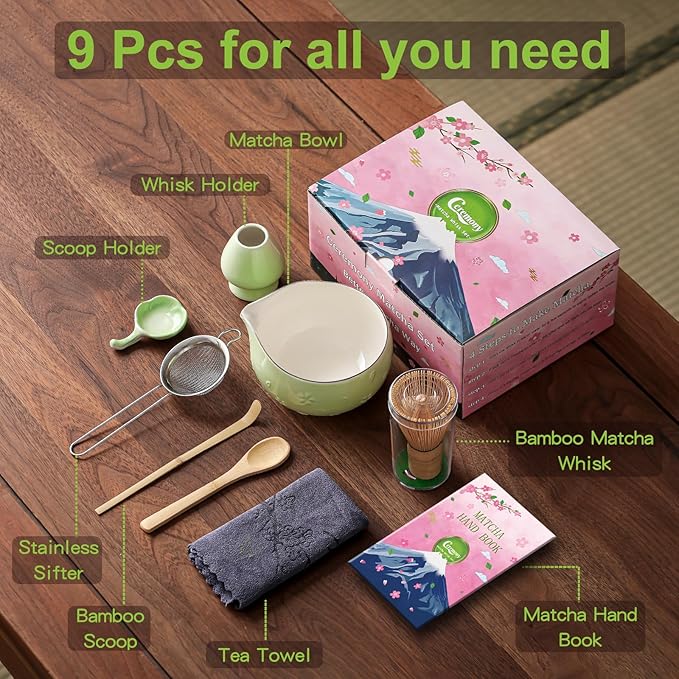 Clay&Fire Matcha Whisk Set, 9 pcs Ceramic Matcha Set, Gifts for Women,Matcha Bowl with Spout and Whisk, Matcha Kit for Matcha Lovers, Ideal Gift Christmas, Birthday, Anniversary (Cherry Bloom-Green)