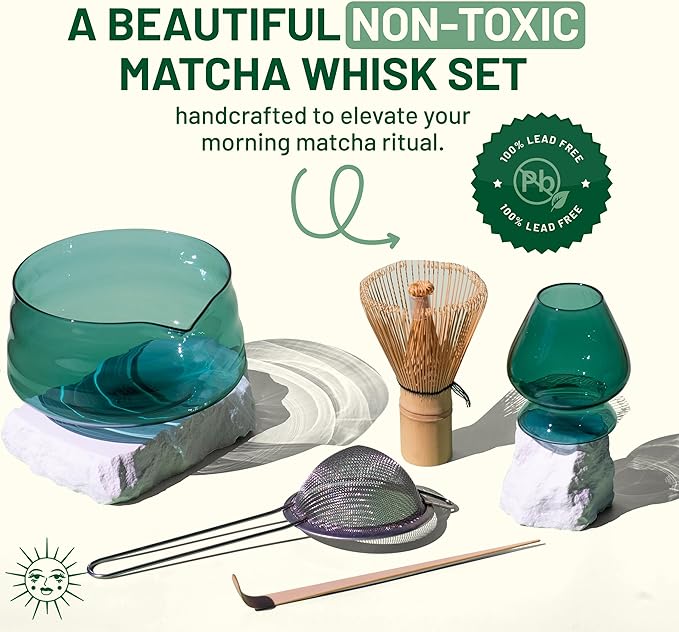 Matcha Whisk Set, 5-Piece Matcha Bowl and Whisk Kit with Bamboo Scoop, Glass Matcha Bowl, Holder, and Sieve – Handmade Borosilicate Glass (Emerald Green)