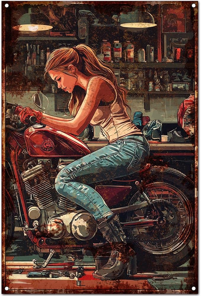 Original Vintage Tin Sign Wall Art - Antique Style Motorcycle Club Decorations Artwork - Funny Retro Metal Decor for Home (J - Repair motorcycle vest beauty, 8x12x0.1 IN) by Unknown