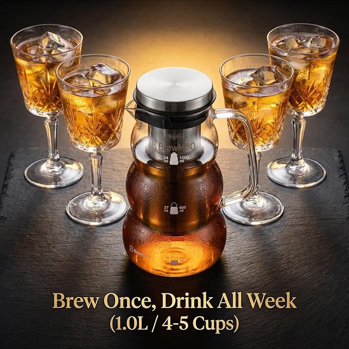 Cold Brew Coffee Pitcher (1.0L/34oz) - Elegant Sleek Wave Borosilicate Glass Pitcher with 100um 304 Stainless Steel Filter & Airtight Lid, Efforless Mannual for Beginner, Sophisticated Gift
