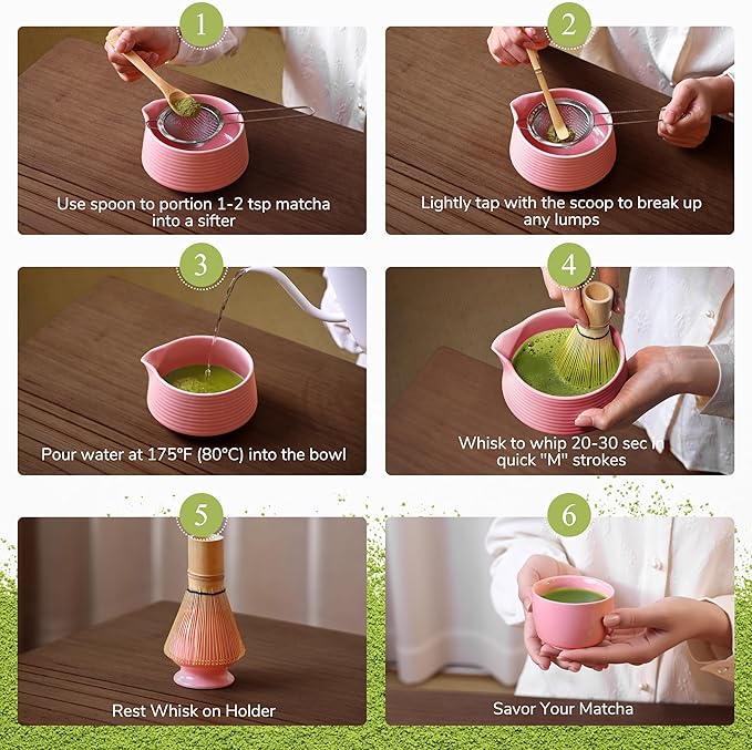 HELPLX Matcha Whisk Set, 10-Piece Japanese Matcha Kit with Bowl, Whisk & Holder, 2 Tea Cups, Bamboo Scoop, Spoon, Sifter, Scoop Rest & Tea Towel – Pink Matcha Tea Set for Ceremony or Daily Use