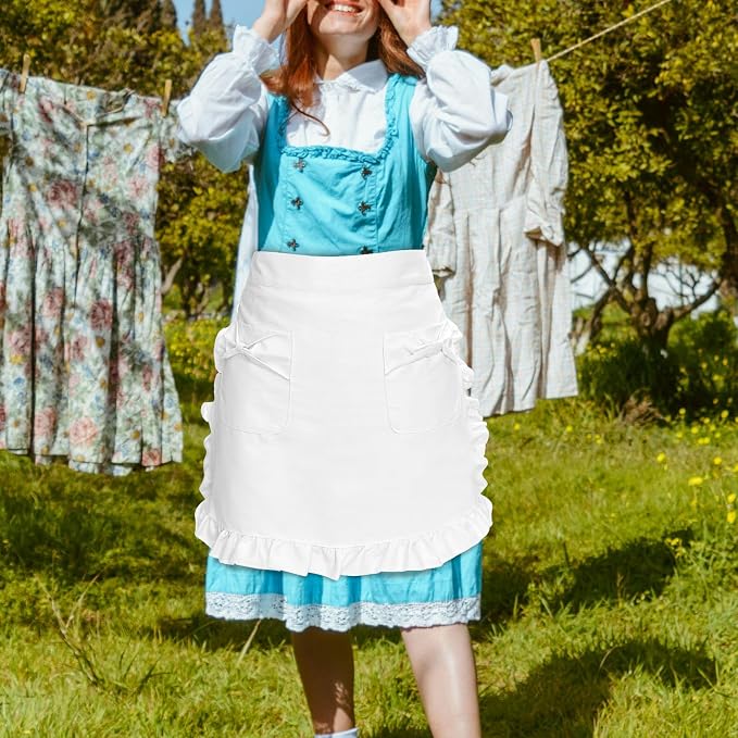 White Maid Apron for Women Cotton Waist Half Maid Costume Victorian Retro Ruffled Kitchen Cute Vintage Party Cosplay - Image 4