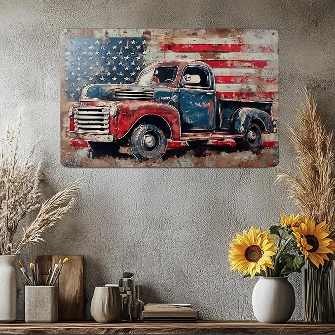 Vintage American Flag Sings Truck Metal Sign Print Aesthetic Room Decoration for Home Bedroom Kitchen Bar Dorm Bathroom Wall Decor 8 x 12 in - Image 5
