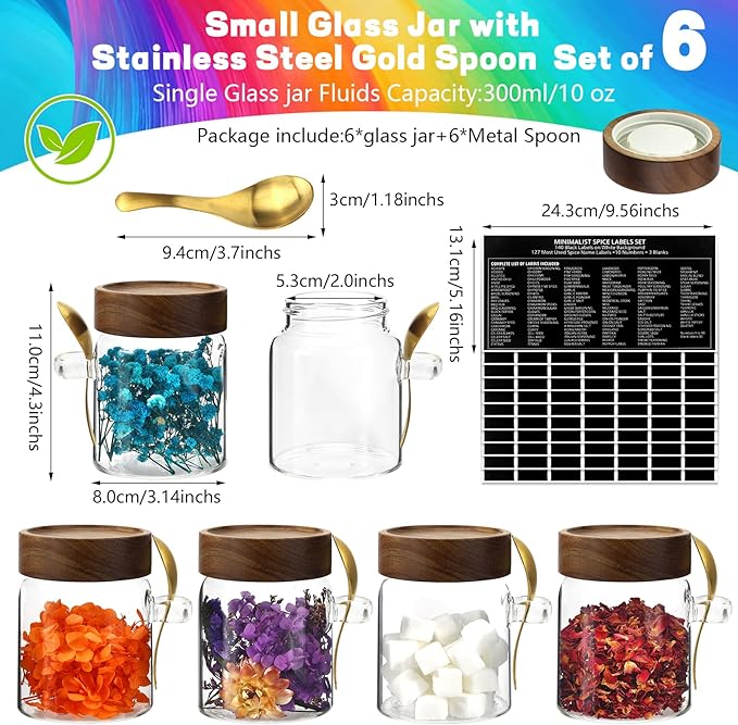 Small Glass Jar with Airtight Lids Spoons Sugar Ground Canister Round Food Storage Container for Spice Coffee Beans Nut Pasta Candy Rice Loose Tea (300ml/10oz-6Pack)