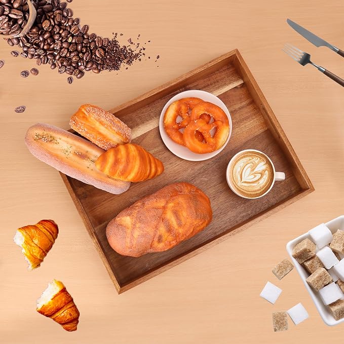 2 Pack 17 x 13 Inch Rectangular Acacia Wood Serving Tray with Handles,Decorative Rectangular Wooden Tray, Breakfast & Coffee Table Tray, Wooden Tray for Ottoman, Snack, Table, Couch and More