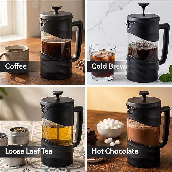 OVENTE French Press Coffee Maker 12 Ounce with Heat Resistant Borosilicate Glass & Stainless Steel 4-Level Filtration System, Portable Cold Brew Coffee Maker for Travel, Camping or Gift, Black FPW12B