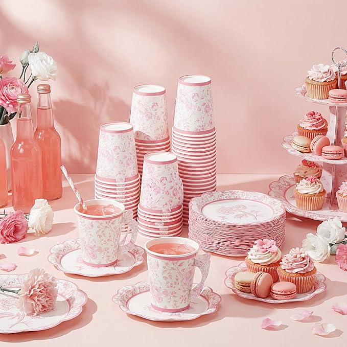 100 Sets Pink Floral Paper Tea Cups and Saucers Disposable Paper Tea Party Supplies 9 oz Cups with Handle and Saucer for Birthday Wedding Party Decorations