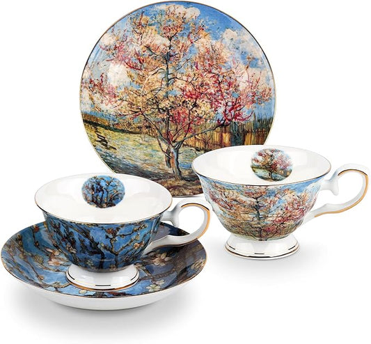 Floral Tea Cups Saucers Set of 2, Bone China 7 oz British Teacups Porcelain Coffee Cup for Rose Tea Cappuccino Espresso Latte (Apricot & Peach Blossom)