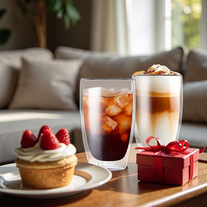 MESNEY 17 oz Double Walled Glass Coffee Mugs, Glass Coffee Mugs Set of 4, Insulated Clear Cappuccino Latte Mugs for Home, Cafe & Restaurant, Durable Stackable Drinking Glasses