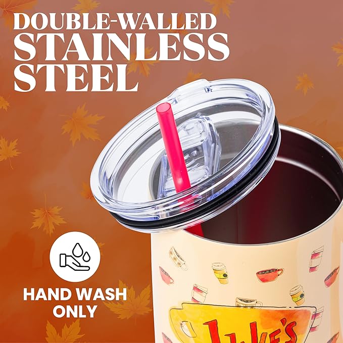 Silver Buffalo Gilmore Girls Luke's Diner Double Walled Stainless Steel Tumbler with Handle and Straw, Fits in Standard Cup Holder, 40 Ounces