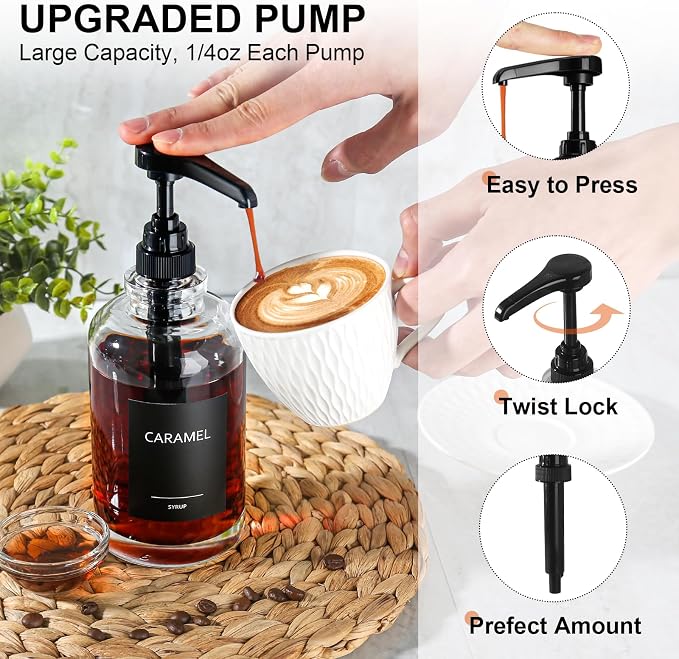 Coffee Bar Accessories, Syrup Dispenser With 1/4oz Large Capacity Pump - Glass Pump Dispenser for Station, Organizer, 4 Pack - Image 2