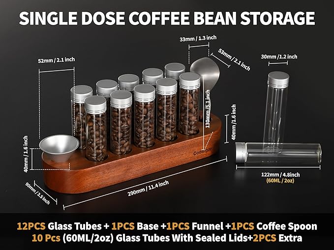 Coffee Bean Container, Single Dose Coffee Bean Storage,10PCS Coffee bean cellar container with wooden stand and funnel coffee spoon.(Silver lids)