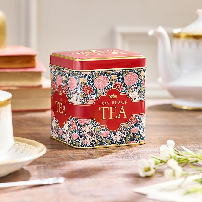 New English Teas Victorian Garden Tea Tin with 32 English Breakfast Teabags – Tapestry Inspired Tin with Decorative Pink Florals (1869 Blend)