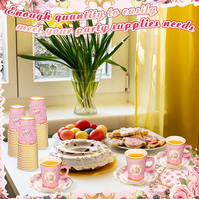 Vesici 150 Pcs Floral Tea Party Decorations for Table 9 oz Disposable Paper Tea Cups with Handles Plates, Saucers and Napkins Set for Spring Party Girl Birthday Wedding Mothers Day(Teapot)