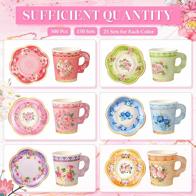 Nuogo 300Pcs Floral Paper Tea Cups and Saucers 7 OZ Disposable Tea Cup with Handle and Plates for Garden Party Supplies Wedding Birthday Baby Shower Bridal Mother's Day, Serve 150 Guest(Vibrant Color)