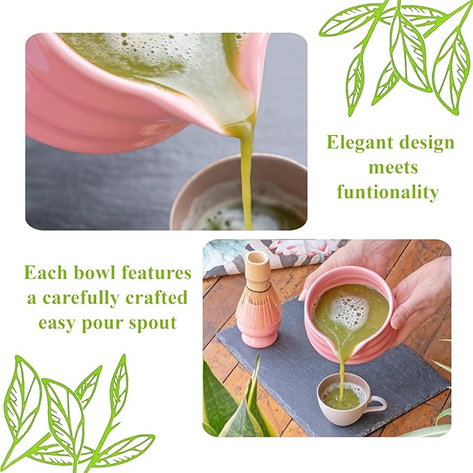 Matcha Whisk Set- Matcha Set includes Matcha Whisk and Bowl with Spout, Sifter, Holder and Scoop- The Perfect Bamboo Whisk for Matcha Tea (Pink)