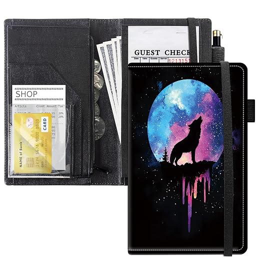 Server Books for Waitress, 5x9 Inch Waitstaff Server Order Pads, 11 Large Pockets, Cute PU Leather Waitress Book Server Wallet with Elastic Band Fit Server Apron,Wolf Howling at Moon by Unknown