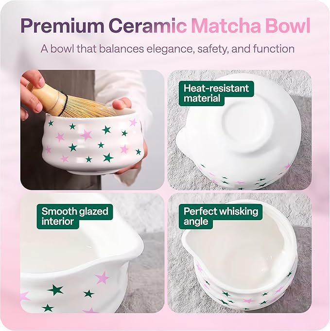 Matcha Whisk Set with Stars - 6 Piece Ceramic Matcha Set with a Bowl, Whisk, Stand, Spoon and Sifter - Designed in the UK - Gift Set