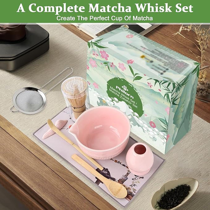 PHILORN Matcha Whisk Set, 9Pcs Ceramic Macha Kit, Matcha Set Whisk and Bowl with Spout, Whisks, Holder, Bamboo Scoop, Scoop Rest, Sifter and Tea Towel for Macha Lover (Pink)