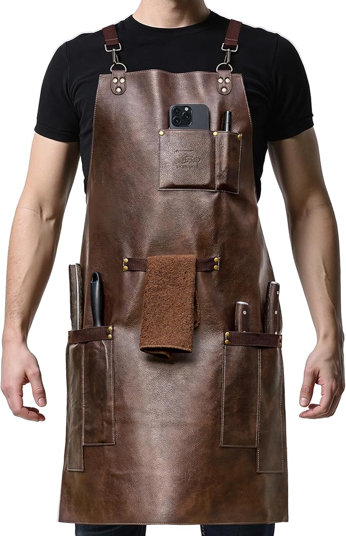 SYOKAMI Synthetic Leather Chef Cooking Apron for Men, Cross Back Apron for All-Day Comfort, Waterproof Apron with Multiple Pockets, Great for Kitchen, Garden, BBQ, Butcher Work or Crafts, Ideal Gift