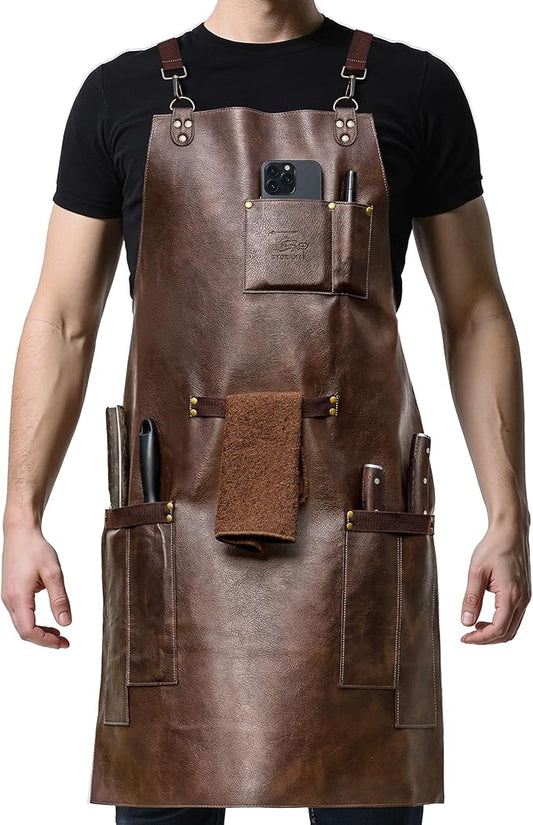SYOKAMI Synthetic Leather Chef Cooking Apron for Men, Cross Back Apron for All-Day Comfort, Waterproof Apron with Multiple Pockets, Great for Kitchen, Garden, BBQ, Butcher Work or Crafts, Ideal Gift