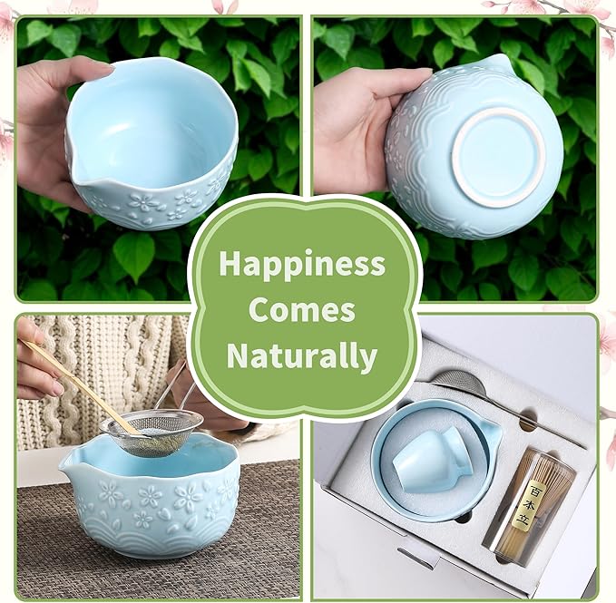 Matcha Whisk Set, 5 Pcs Ceramic Matcha Set, Matcha Kit Set Includes Matcha Bowl, Matcha Whisk and Holder, Bamboo Scoop and Sifter, Matcha Tea Set, Ideal Gift for Family/Friend (Blue)