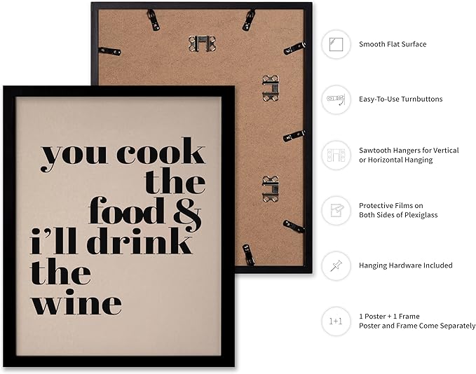 Poster Master Minimalist Poster - Funny Print - You Cook The Food, I'll Drink The Wine, Joke, Humorous, Unique - Gift for Artist, Friend - Wall Decor for Kitchen, Bar, Pub, 8x10 Black Framed