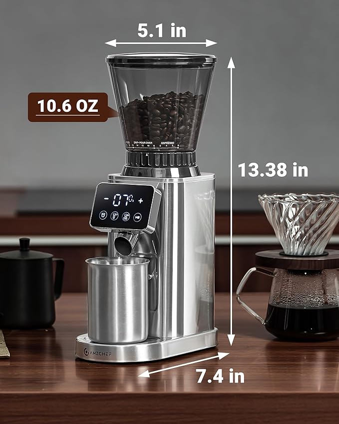 AMZCHEF Coffee Grinder, Coffee Bean Grinder for Home Use with Precise Grinding, LED Control Panel, Detachable Funnel Stand, Anti-static Design, 48 Grind Settings, Silver