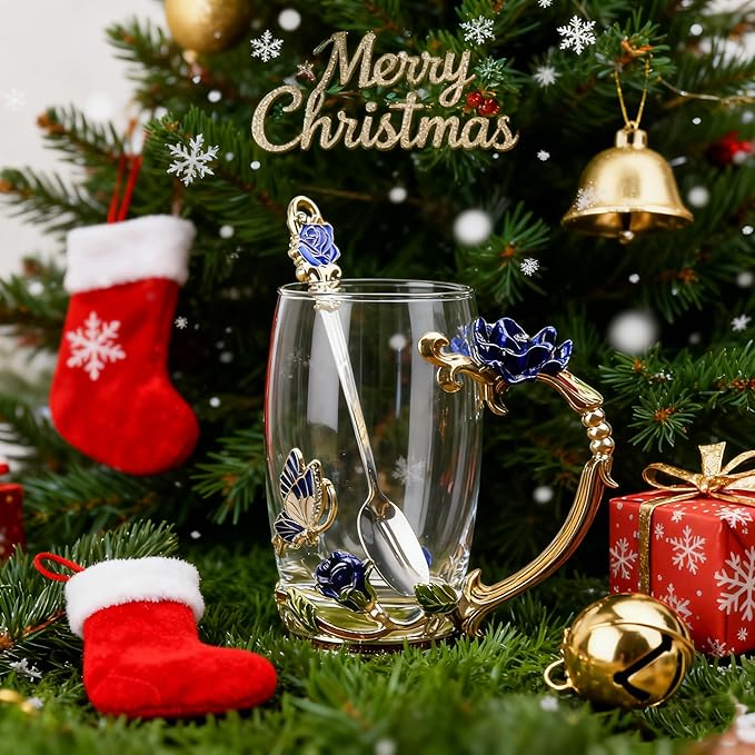 Gifts for Mom Women Unique Blue Tea Mug With Spoon Set & Flower Decoration - Top Birthday Christmas Gifts For Women Mom Who Has Everything