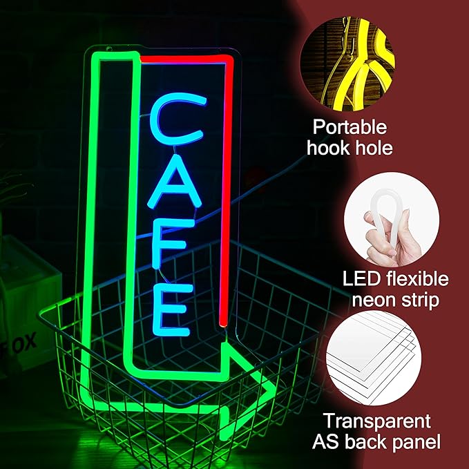 Cafe Neon Sign for Wall Decor 16.14’’*8.46’’ Attracting Coffee Shop Light Up Sign Dimmable Usb Green Right Arrow Led Light Sign for Living Room Restaurant Bistro Man Cave Coffee Bar Party