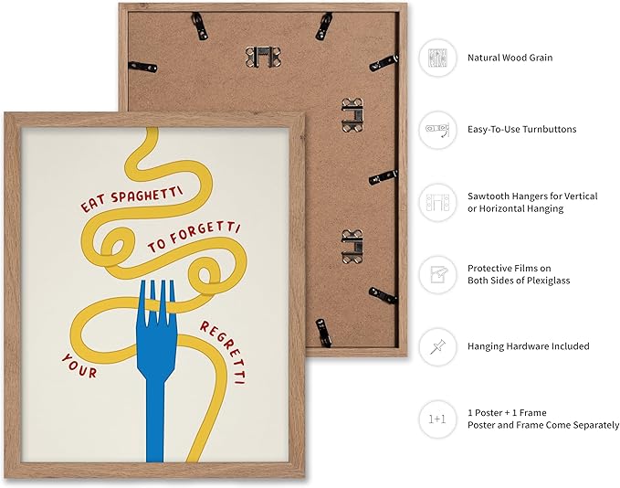 Poster Master Spaghetti Poster - Eat Spaghetti To Forgetti Your Regretti Print - Food & Drink Art - Gift for Chef, Cook - Fun Decor for Restaurant, Kitchen, Dining Room, 11x14 Beige Framed