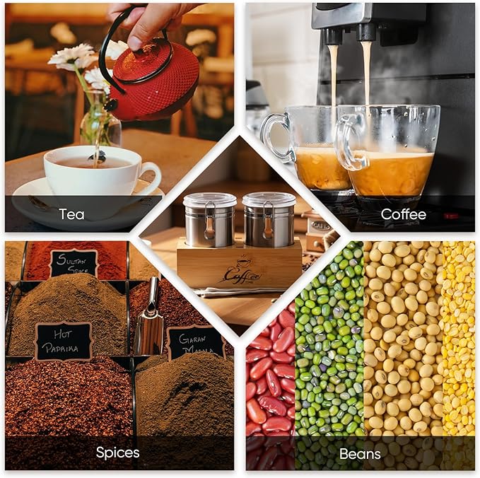 Vesici 2 Pcs Coffee Canister with Shelf & Scoop, 2 x 54 Fl oz Airtight Bean Storage Canister, Stainless Steel Coffee and Sugar Jar Set, Sugar Holder Containers for Cafe Bar Countertop, Kitchen Storage