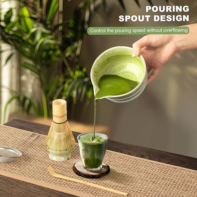 Dayacoco Matcha Whisk Set,Ceramic Matcha Kit Set Includes Bowl with Spout, Whisk,Holder,Bamboo Scoop and Sifter,5 pcs Matcha Tea Kit for Matcha Lovers, Ideal Gift for Christmas, Birthday (Green)