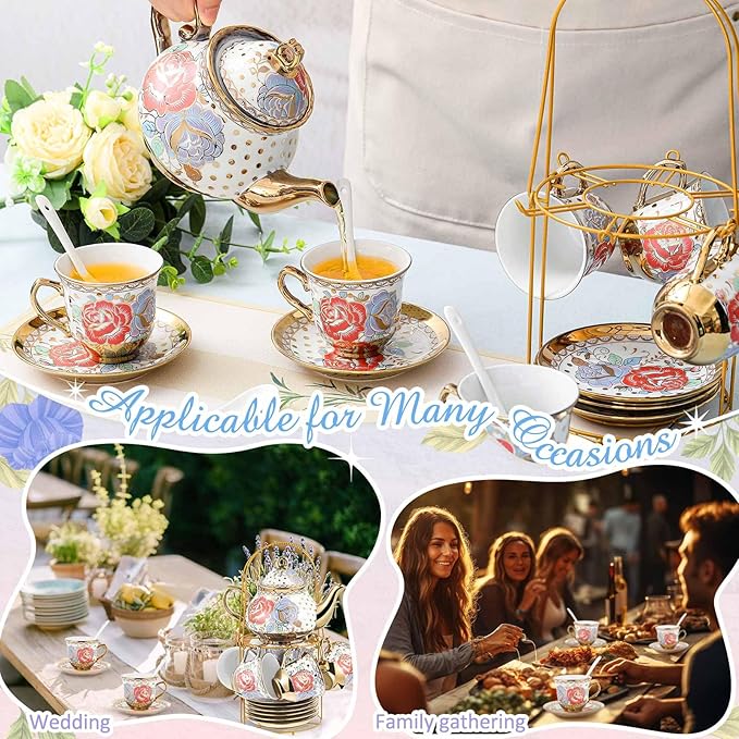 Zhehao 20 Pcs Porcelain Tea Set with Metal Holder and Spoon Adult Ceramic Tea Set European Flower Painting Teapot Cup Saucer Spoon for Women, Large Version(Romantic Style)
