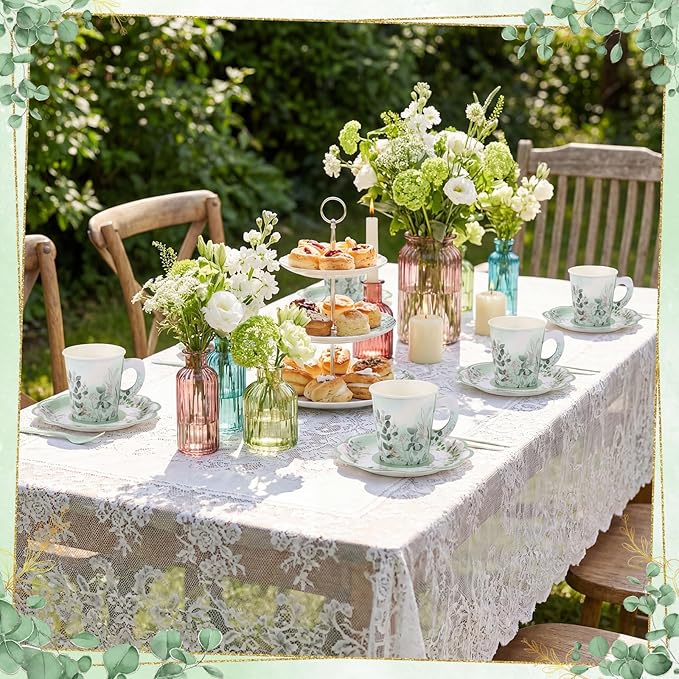 24 Sets Tea Party Cups 7 OZ Disposable Paper Tea Cups with Handle and Plates Teacups and Saucer Sets for Baby Bridal Shower Wedding Birthday(Sage Green)