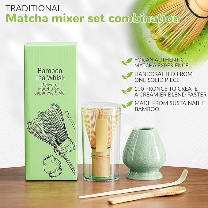Traditional Japanese Matcha Tea Whisk Set, 4 Piece Bamboo Ceremonial Kit with Ceramic Holder (Geyao Green)