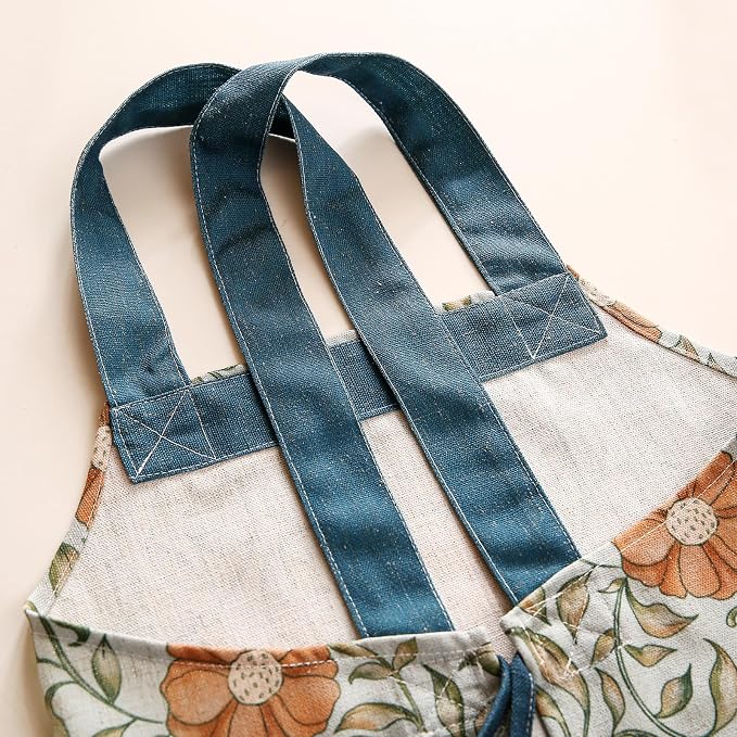 patdrea Blue Floral Linen Apron with Pocket,French Kitchen Garden Chef BBQ Aprons for Women and Men,Crisscross Back Straps - Image 8