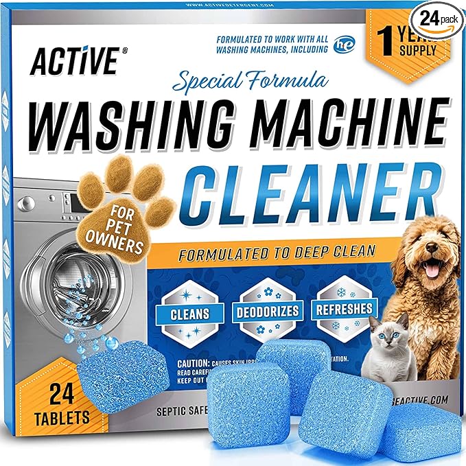 ACTIVE Washing Machine Cleaner for Pet Owners Enzymatic Deep Clean Descaler for Cat & Dog Hair, Urine, Odor, Residue, 24 Septic-Safe Tablets for Top Load, Front Loader, HE Washer Tub - 1 Year Supply by ACTIVE
