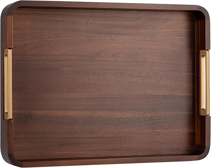 Premium 17.5 x 13 Inch Acacia Wood Serving Tray with Metal Handles – Large Ottoman Coffee Table Centerpiece for Bed, Couch & Patio – Rustic Wood Trays Home Decor for Breakfast, Drinks & Gifts