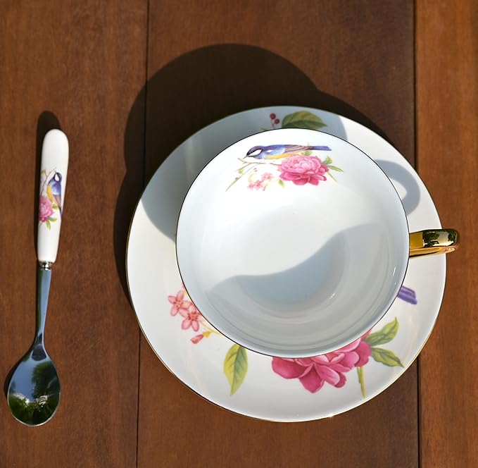 British Coffee Cup 3 Piece Set（6.8oz） Household Fashional Tea Cup with Saucer Spoon (white-magpie)