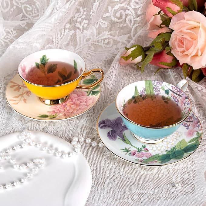 KAMMAK Tea Cups and Saucers Set of 2, Fine Bone China Coffee Cups, Stackable Espresso Mugs, Ceramic Demitasse for Coffee, Cappuccino, Latte, Americano, Tea, Peony + Hydrangea