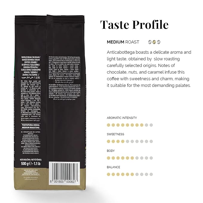 Caffe Vergnano 1882 Granaroma, Espresso, & Antica Bottega Whole Bean Arabica Medium Espresso Roast Coffee, 1.1lbs Bag - Italian Coffee Beans -500g Bag (3 Pk)