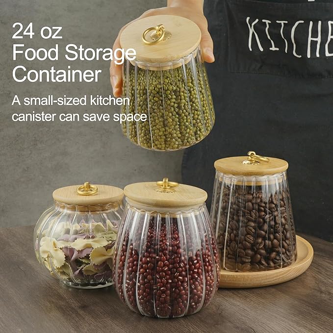 Clear Glass Jar Coffee Canister, Cookie Candy Jar Sugar Container with Airtight Bamboo Lid, 24 OZ Kitchen Food Storage Container for Pantry, Flour, Pasta, Cereal, Beans, Spice, Conical