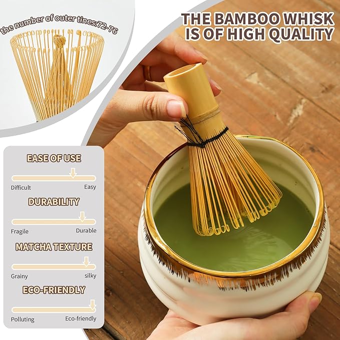 Matcha Whisk Set: Includes Bamboo Whisk, Matcha Bowl, Cute Stand, Bamboo Scoop, Scoop Rest, Sifter and Tea Towel — 7-Piece Matcha Kit with Golden Texture Details, a Favorite for Matcha Lovers (White)