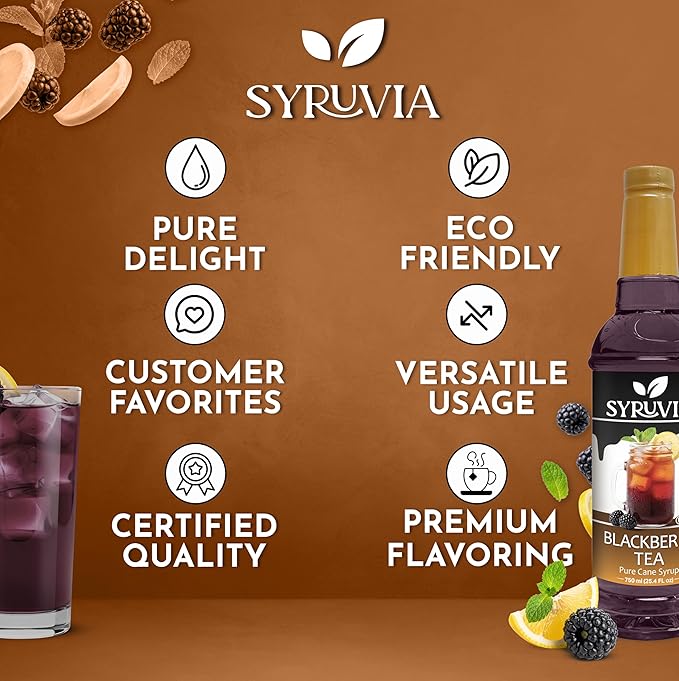 Syruvia Blackberry Tea Flavored Syrup for Drinks, Cocktails, Lemonades, Iced Teas and Desserts – 25.4 fl oz, With Pump